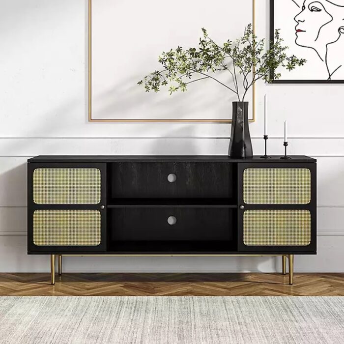 Black Solid Wood & Gold Paneled TV Cabinet