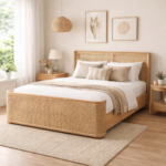 Stylish Solid Wood Bed with Rattan