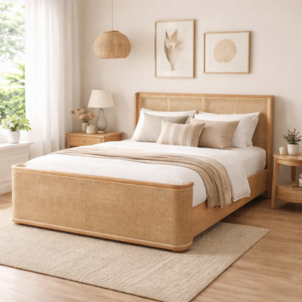 Stylish Solid Wood Bed with Rattan