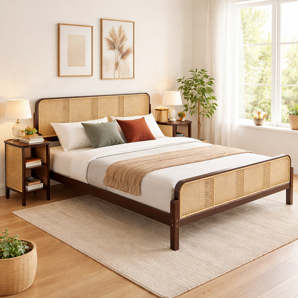 Valmont Rattan Platform Bed with Bedside Valmont Rattan Platform Bed with Bedside